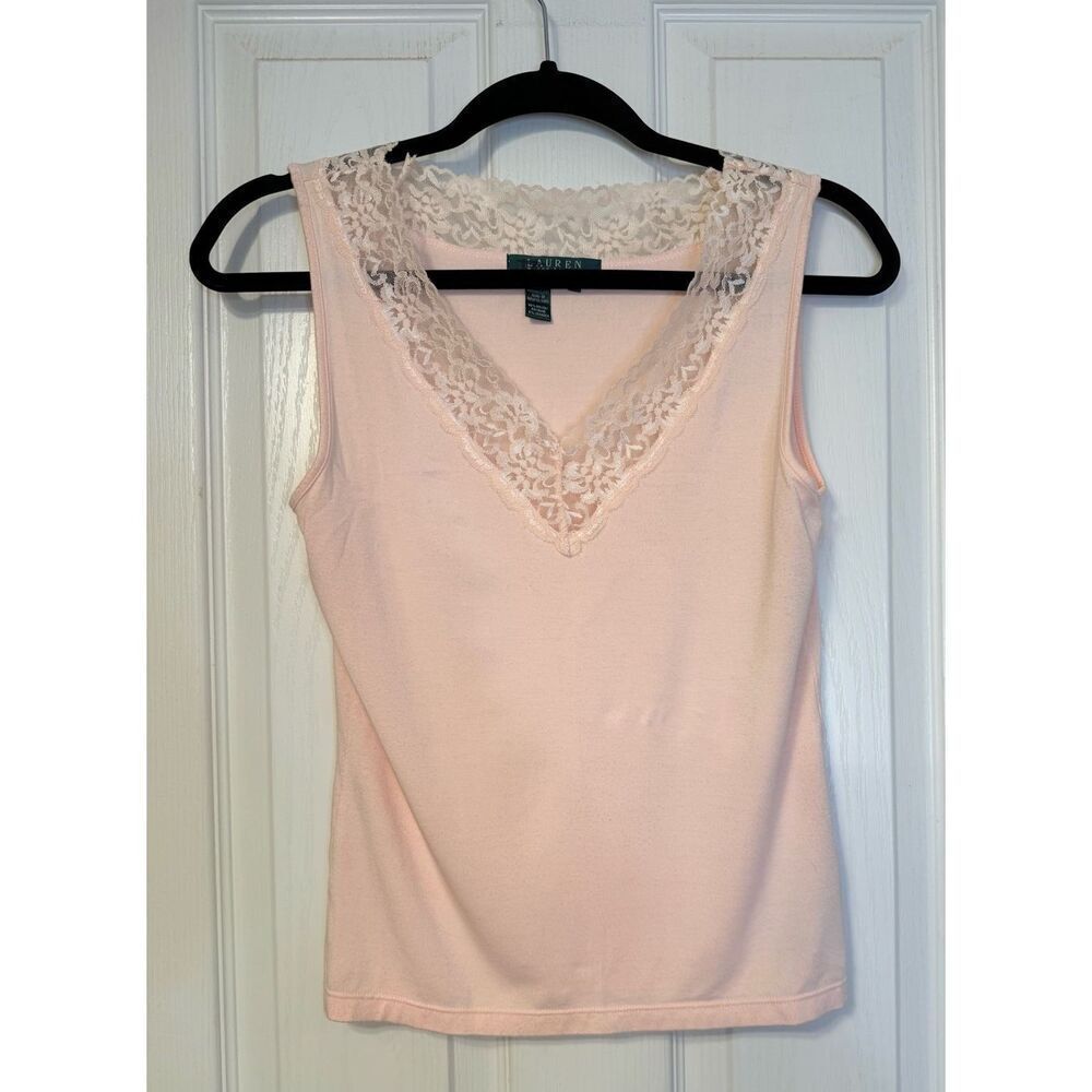 Lauren Ralph Lauren Pastel Pink Tank Lace Trim Small Y2K